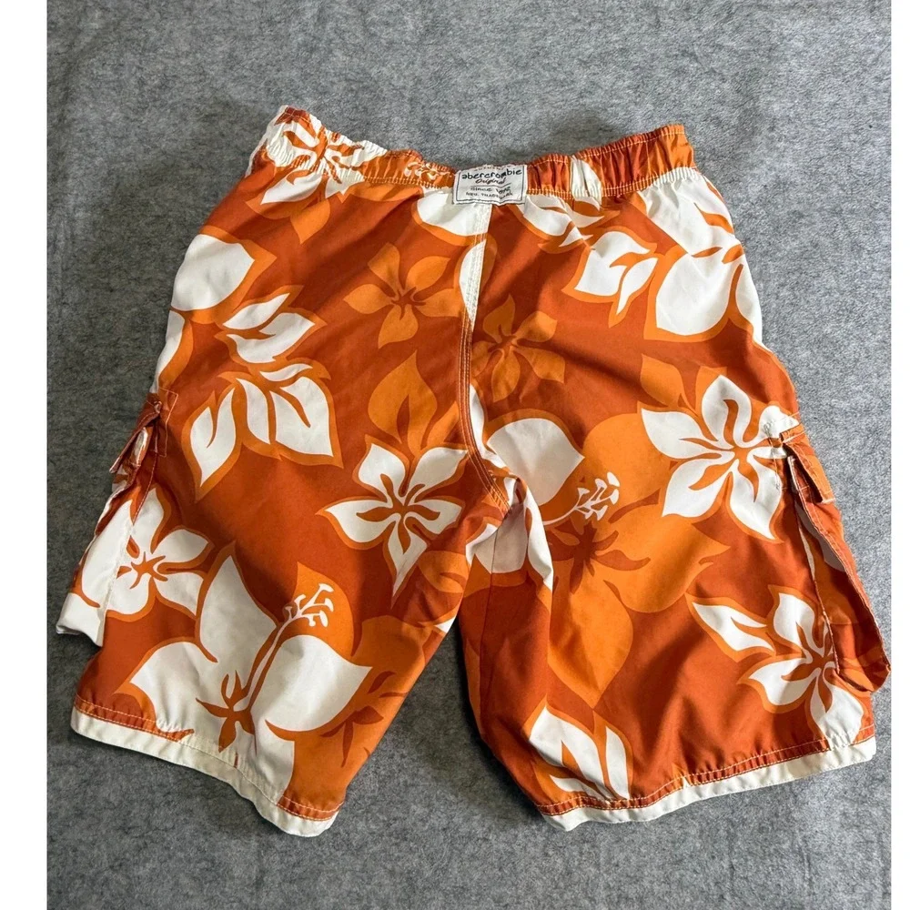Abercrombie Original Boys Size L 14 Orange Hawaiian Floral Cargo Swim Trunks